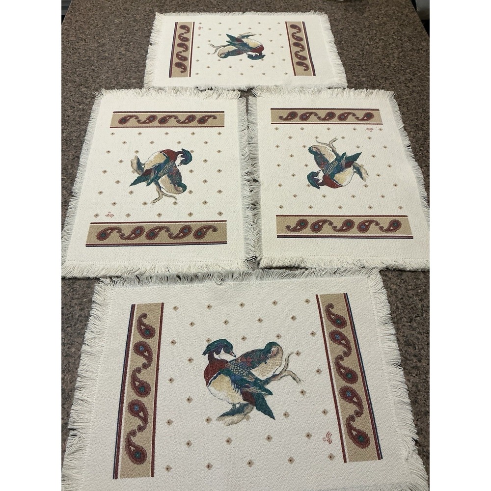 Vtg Tapestry Placemats Set of 4 Wild Wood Ducks Fringe Paisley Lodge Cabin VGC
